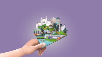 gezeichnetes Logo, worauf Bus, Bahn, Festung Hohensalzburg, Dom, Bauernhof und Berge abgebildet sind | © Salzburg Verkehr